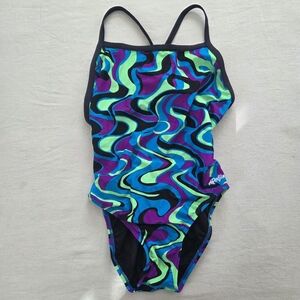 Vintage 90s Colorful Swirl Pattern Swimsuit Womens Medium One Piece Bathing Suit
